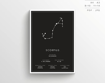 Scorpius Constellation Print | Scorpio | Printable Poster | Constellation Art | Minimalist Poster | Black and White | Instant Download