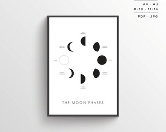 Moon Phases Print | Printable Poster | Lunar Phases | Moon | Space Art | Minimalist Poster | Black and White | Instant Download