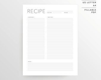 Recipe Page | US Letter | A4 | Recipe Printable | Recipe Template | Recipe Sheet | Blank Recipe Book | Printable Recipe | Instant Download