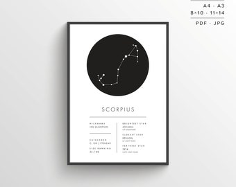 Scorpius Constellation Print | Scorpio | Printable Poster | Constellation Art | Minimalist Poster | Black and White | Instant Download