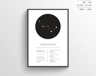 Cassiopeia Constellation Print | Printable Poster | Constellation Art | Minimalist Poster | Black and White | Stars | Instant Download