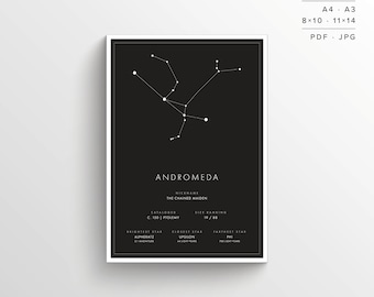Andromeda Constellation Print | Printable Poster | Constellation Art | Minimalist Poster | Black and White | Stars | Instant Download