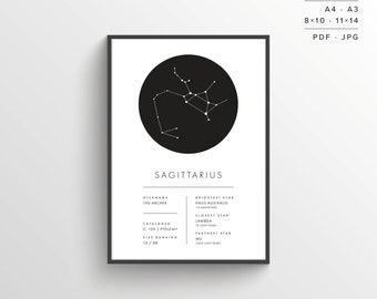 Sagittarius Constellation Print | Printable Poster | Constellation Art | Zodiac | Minimalist Poster | Black and White | Instant Download