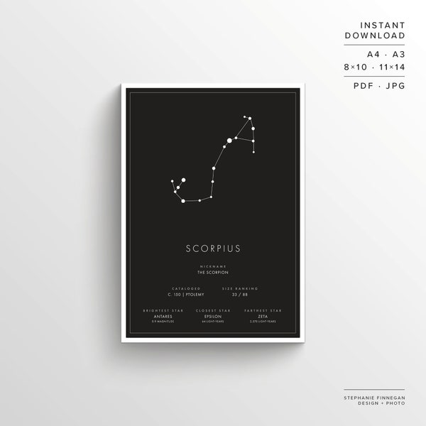Scorpius Constellation Print | Scorpio | Printable Poster | Constellation Art | Minimalist Poster | Black and White | Instant Download