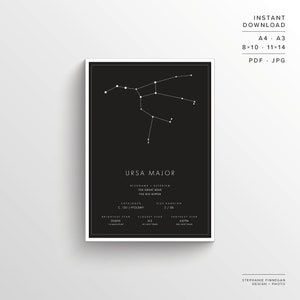 Ursa Major sterrenbeeld afdrukken | Afdrukbare poster | Sterrenbeeld kunst | Minimalistische poster | Zwart en wit | Sterren | Directe download