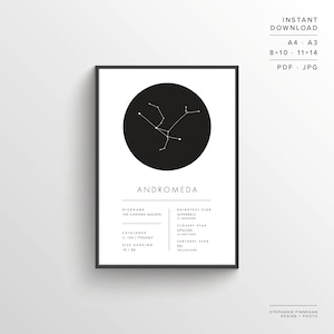 Andromeda Constellation Print | Printable Poster | Constellation Art | Minimalist Poster | Black and White | Stars | Instant Download