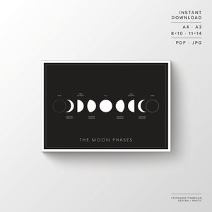 Moon Phases Print | Printable Poster | Lunar Phases | Moon | Space Art | Minimalist Poster | Black and White | Instant Download