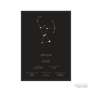 May include: A black and white illustration of the Orion constellation, also known as "The Hunter", with the name of the constellation and its nickname, "The Hunter", along with other information about the constellation, including its size ranking, brightest star, closest star, and farthest star.
