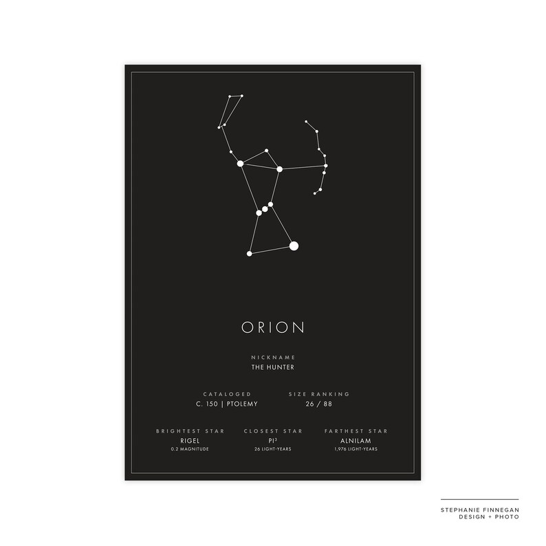 May include: A black and white illustration of the Orion constellation, also known as "The Hunter", with the name of the constellation and its nickname, "The Hunter", along with other information about the constellation, including its size ranking, brightest star, closest star, and farthest star.