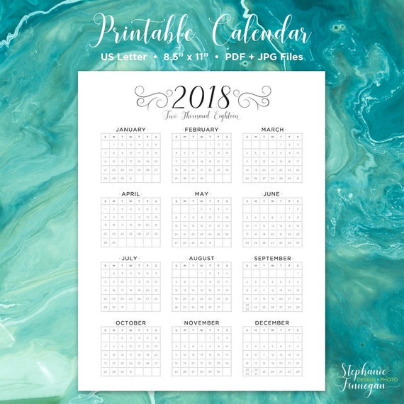 Year At A Glance Calendar 2018 Calendar Printable Calendar Etsy