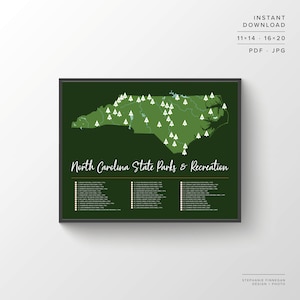 Pode incluir: Um mapa verde da Carolina do Norte com marcadores brancos mostrando a localização dos parques estaduais e áreas de recreação. O mapa é intitulado "North Carolina State Parks & Recreation".