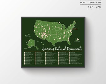 Carte des monuments nationaux | Carte imprimable | Monuments nationaux américains | Affiche des monuments nationaux | Service des parcs nationaux | Carte de voyage