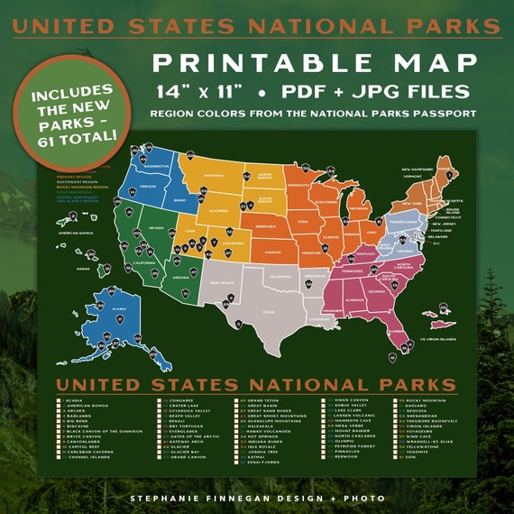 Printable National Parks Map 14x11 Poster Us Etsy National Parks 