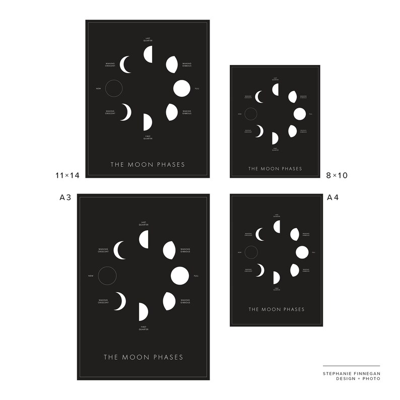 Moon Phases Print Printable Poster Lunar Phases Moon Space Art Minimalist Poster Black and White Instant Download image 4