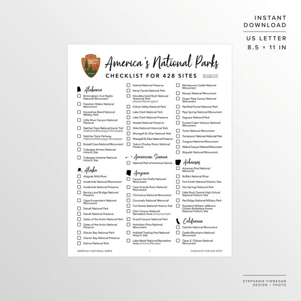 National Parks Checklist | Printable NPS Checklist | US National Parks | Travel Checklist | Parks Bucket List | National Parks List