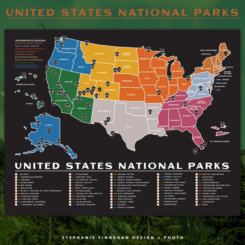 printable national parks map 14x11 poster us etsy