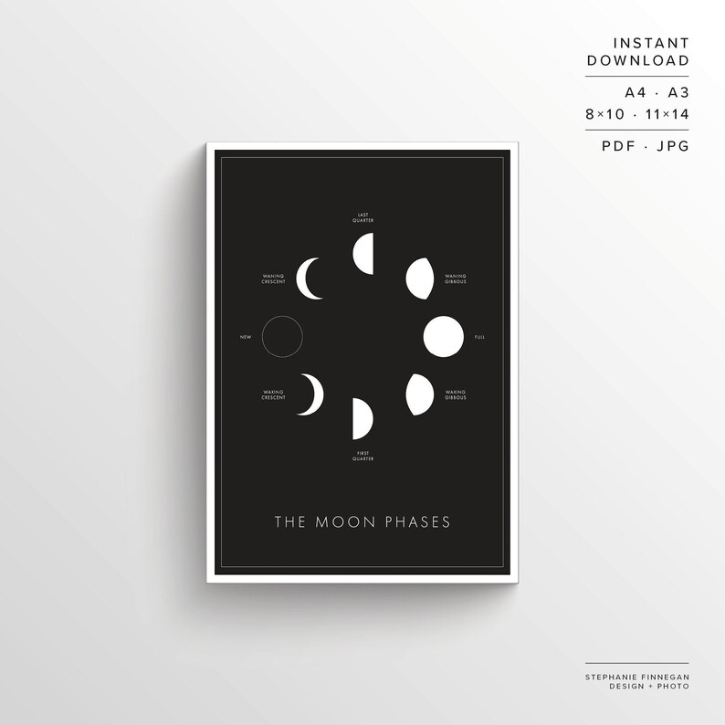 Moon Phases Print Printable Poster Lunar Phases Moon Space Art Minimalist Poster Black and White Instant Download imagem 1