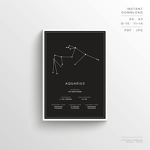 Aquarius Constellation Print | Printable Poster | Constellation Art | Minimalist Poster | Black and White | Stars | Instant Download |Zodiac