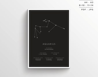Aquarius Constellation Print | Printable Poster | Constellation Art | Minimalist Poster | Black and White | Stars | Instant Download |Zodiac
