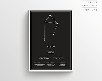 Libra Constellation Print | Printable Poster | Constellation Art | Minimalist Poster | Black and White | Stars | Instant Download | Zodiac