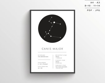 Canis Major Constellation Print | The Greater Dog | Printable Poster | Constellation Art | Minimalist Poster | Black and White