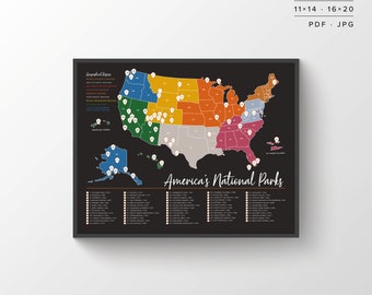 Carte des 63 parcs nationaux | Carte imprimable | Parcs nationaux des États-Unis | Carte du parc national | Passeport de parc national | Parcs nationaux Imprimer | Carte de voyage