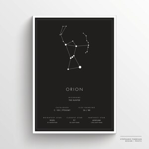 May include: A black and white illustration of the Orion constellation, also known as "The Hunter", with the constellation's name and details about its size, brightest star, closest star, and farthest star.