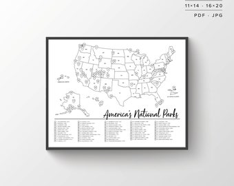 63 Nationalparks Karte | Druckbare Karte | Färbung Parks Karte | US Nationalparks | Nationalpark Karte | Nationalparks Poster | Landkarte