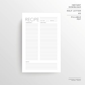 Recipe Page | Half US Letter | A5 | Recipe Printable | Recipe Template | Recipe Sheet | Blank Recipe Book | Printable Recipe