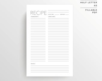 Receptsida | Halvt amerikanskt brev | A5 | Utskrivbart recept | Receptmall | Receptark | Tom receptbok | Utskrivbart recept
