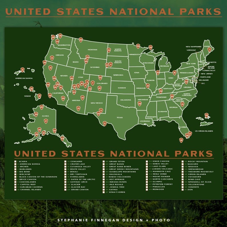 Printable National Parks Map 14x11 Poster Us Etsy