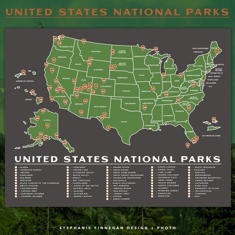 printable national parks map 14x11 poster us etsy