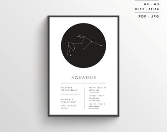 Impression Constellation du Verseau | Affiche imprimable | Art Constellation | Affiche minimaliste | Noir et blanc | étoiles | Téléchargement instantané | Zodiaque