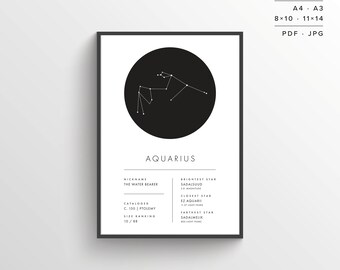 Aquarius Constellation Print | Printable Poster | Constellation Art | Minimalist Poster | Black and White | Stars | Instant Download |Zodiac