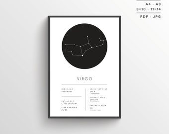 Virgo Constellation Print | Printable Poster | Constellation Art | Minimalist Poster | Black and White | Stars | Instant Download | Zodiac