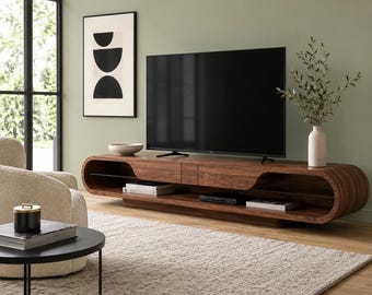 Mueble para TV de nogal macizo con luz LED, consola multimedia de madera curvada, mueble para TV moderno hecho a mano, muebles de lujo para sala de estar.