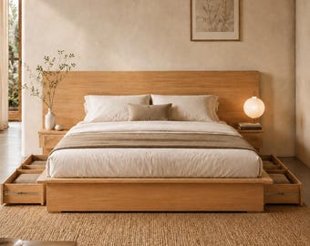 Handmade Wood Platform Bed with Storage Drawers, Extended Headboard, Built-In Nightstands, Low Modern Bed Frame