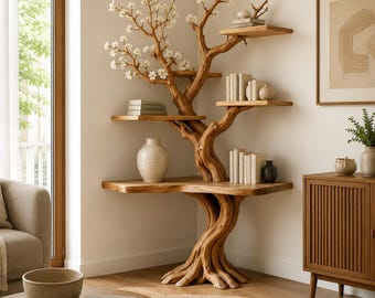 Houten boekenplank boom, wandplank bloesemtak, op de natuur geïnspireerde boekenkast, rustieke houten displayplank, woonkamerdecor