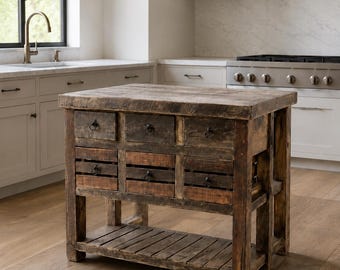 Rustieke houten keukeneilandtafel, opbergconsole boerderij, handgemaakte werktafel