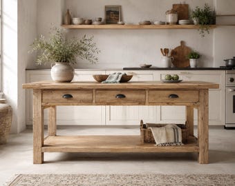 Solid Oak Kitchen Island Table, Farmhouse Console with Drawers, Reclaimed Wood Work Table