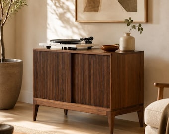 Mid Century Walnut Record Player Stand, Tambour Door Vinyl Storage Cabinet, Turntable Console