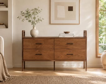 Cómoda escandinava de 4 cajones, aparador de nogal a medida, credenza moderna de madera, amplio armario de almacenamiento para dormitorio.