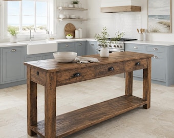 Reclaimed Wood Kitchen Island Table with Drawers, Rustic Farmhouse Counter Height Console, Handmade Kitchen Storage Table