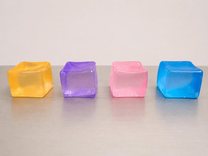 Op de afbeelding: Vier doorschijnende, vierkante blokken gerangschikt in een horizontale rij. De blokken zijn respectievelijk geel, paars, roze en blauw van kleur. Elk blok heeft een glad, licht afgerond oppervlak en een halfdoorzichtige uitstraling.