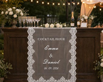 Transparante kanten barbanner voor bruiloft, gepersonaliseerd cocktailuurtjebord, decoratie voor drankstation, stoffen barbord voor receptie, naambord op maat