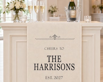 Gepersonaliseerd linnen barbord voor bruiloften, stoffen banner met eigen achternaam, proost op het bruidspaar! Decoratie voor de receptiebar