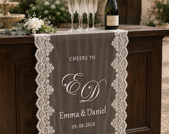 Custom Lace Sheer Wedding Bar Sign, Personalized Mr and Mrs Banner, Cheers to Last Name Drink Station Decor