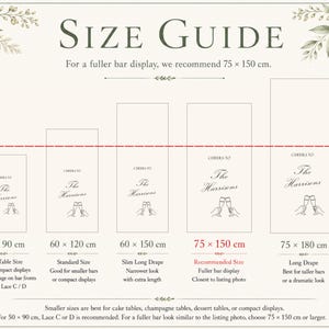 May include: A size guide chart for bar drapes featuring five rectangular options ranging from 50 x 90 cm to 75 x 180 cm. The graphic includes text labels, a 100 cm height reference line, and illustrations of two hands clinking champagne glasses.