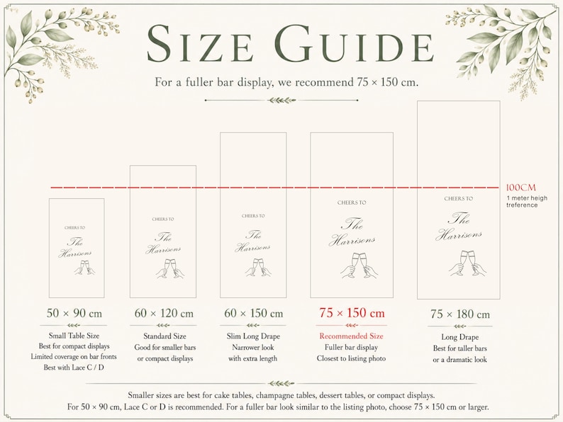 May include: A size guide chart for bar drapes featuring five rectangular options ranging from 50 x 90 cm to 75 x 180 cm. The graphic includes text labels, a 100 cm height reference line, and illustrations of two hands clinking champagne glasses.