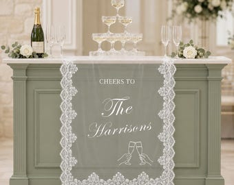 Personalized Wedding Bar Sign, Custom Lace Sheer Fabric Banner, Cheers Sign, Champagne Drink Station Decor